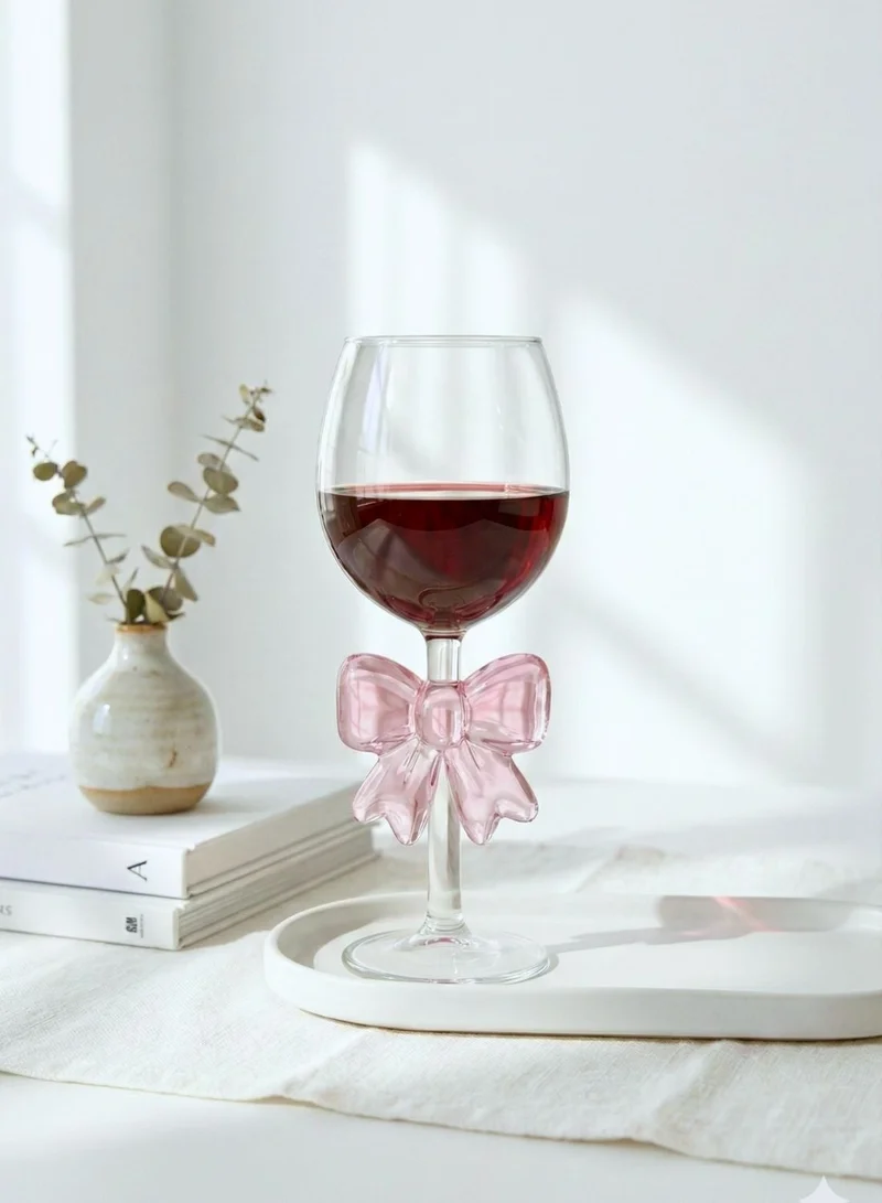 1Chase  Borosilicate Goblet Wine Glass with Pink Bow, 350ML Elegant Decorative Wine Glass, Heat Resistant Glassware for Red & White Wine, Parties & Gifting (1 Piece)  | Best Price UAE